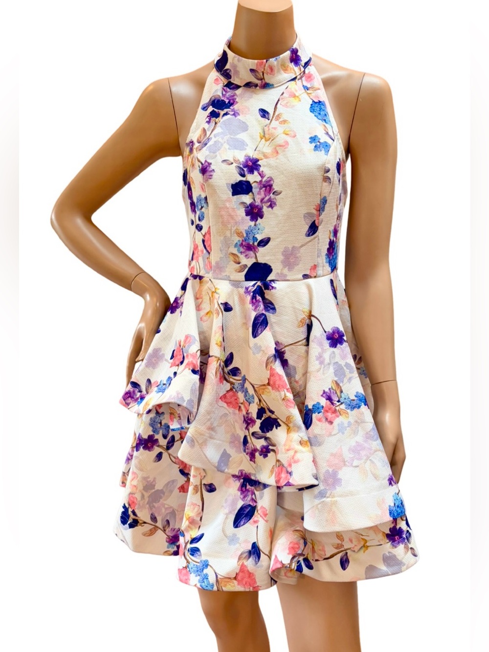 Angel Biba Floral Halter Fit & Flare Dress Open Back Ruffle Skirt Size 10